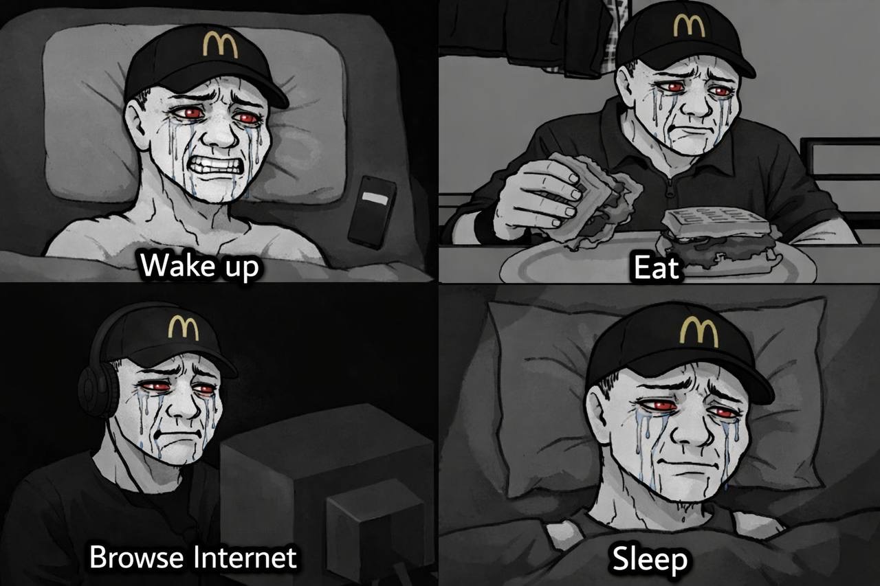 Daily routine - Wake up, Eat, Browse Internet, Sleep - all crying