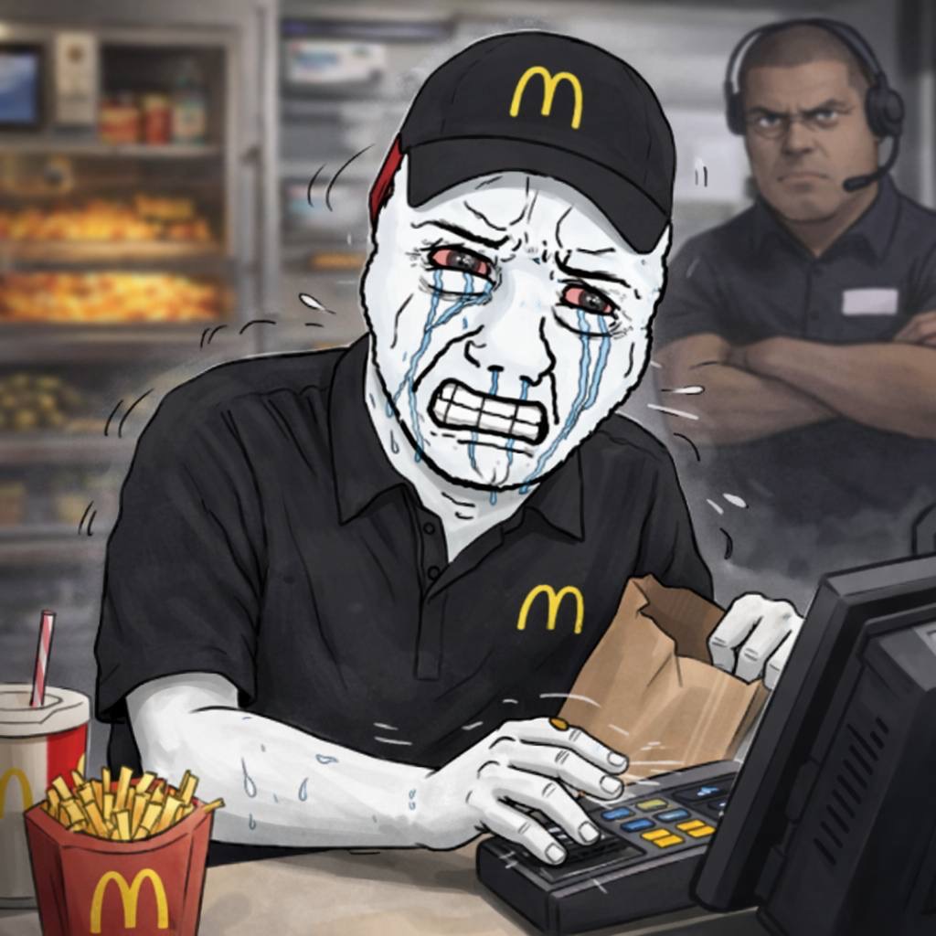 Crying worker at the register while manager watches