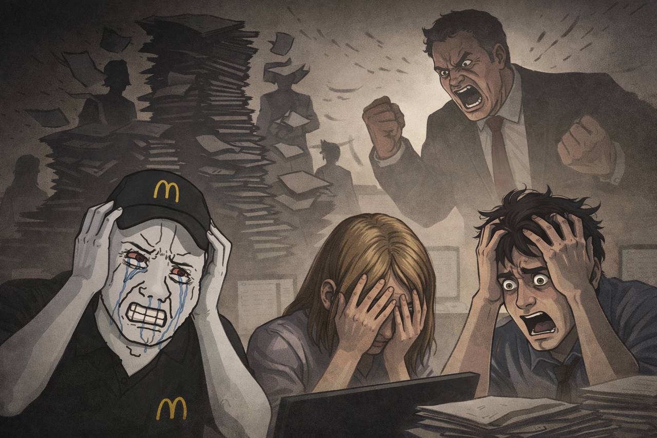 Multiple workers in despair with angry boss looming